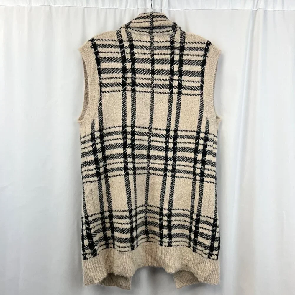 William Rast Sleeveless Collared Cardigan Beige/Black Plaid Size Small Fuzzy